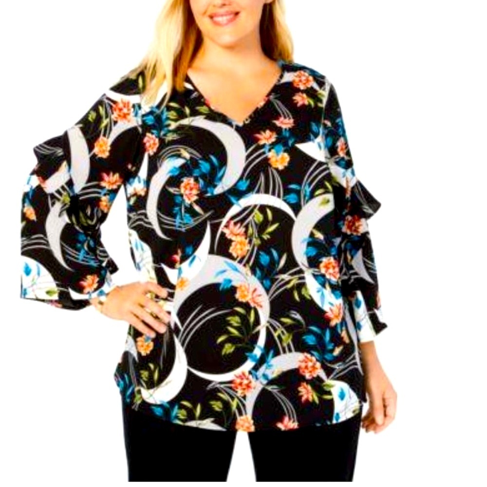 Alfani Floral Flounce V Neckline Bell Sleeve Black White Plus Size 3X